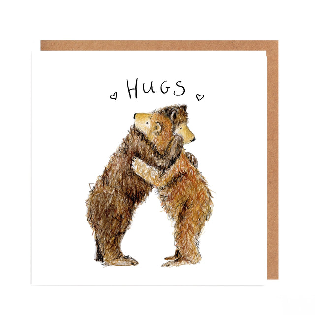 Card with two bears hugging and the word 'HUGS' above them, on a white background with a brown border.