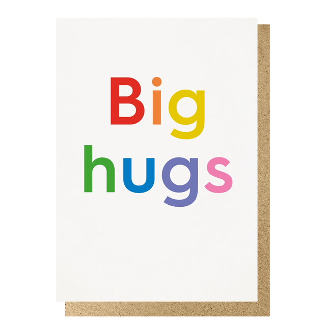 Card with 'Big hugs' text in colorful letters on a white background