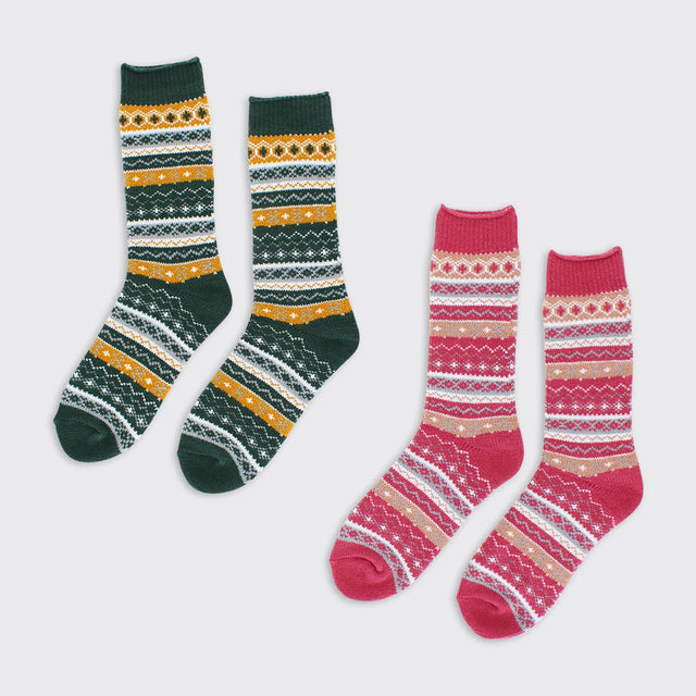 Chloe Fairisle Socks: Green & Ochre